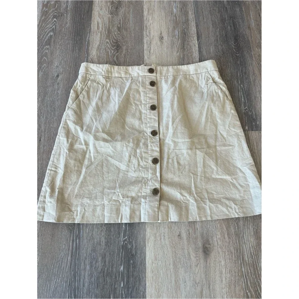 J.Crew Button Front Mini Skirt Tan Beige Women’s Size 12 Linen Blend Preppy Fit